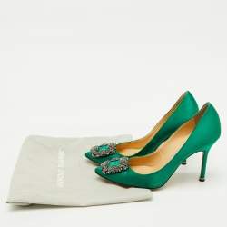 Pre Owned Manolo Blahnik Green Satin Hangisi Crystal Embellished Pumps Size 37.5