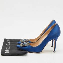 Pre Owned Manolo Blahnik Blue Satin Hangisi Crystal Embellished Pumps Size 38.5