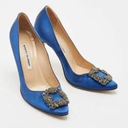 Pre Owned Manolo Blahnik Blue Satin Hangisi Crystal Embellished Pumps Size 38.5