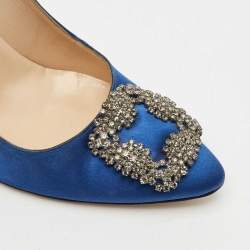 Pre Owned Manolo Blahnik Blue Satin Hangisi Crystal Embellished Pumps Size 38.5