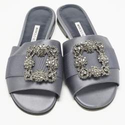 Pre Owned Manolo Blahnik Navy Blue Satin  Martamod  Flat Sandals Size 38