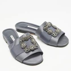 Pre Owned Manolo Blahnik Navy Blue Satin  Martamod  Flat Sandals Size 38