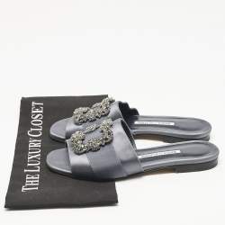 Pre Owned Manolo Blahnik Navy Blue Satin  Martamod  Flat Sandals Size 38