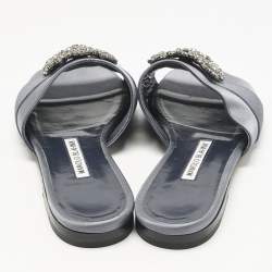 Pre Owned Manolo Blahnik Navy Blue Satin  Martamod  Flat Sandals Size 38