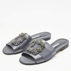 Pre Owned Manolo Blahnik Navy Blue Satin  Martamod  Flat Sandals Size 38