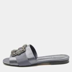 Pre Owned Manolo Blahnik Navy Blue Satin  Martamod  Flat Sandals Size 38