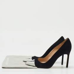 Pre Owned Manolo Blahnik Black/Silver Suede And Leather Bipunta Cap-Toe Pumps Size 37