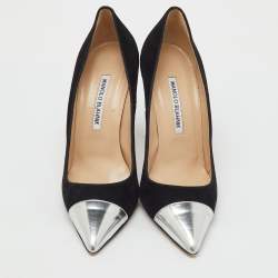 Pre Owned Manolo Blahnik Black/Silver Suede And Leather Bipunta Cap-Toe Pumps Size 37
