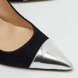 Pre Owned Manolo Blahnik Black/Silver Suede And Leather Bipunta Cap-Toe Pumps Size 37