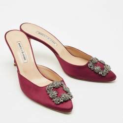 Pre Owned Manolo Blahnik Burgundy Satin Hangisi Mules Size 41