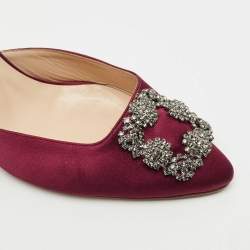 Pre Owned Manolo Blahnik Burgundy Satin Hangisi Mules Size 41