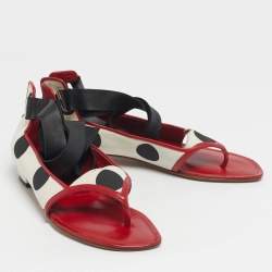Pre Owned Manolo Blahnik Tricolor Canvas and Leather Ankle Wrap Flat Sandals Size 39