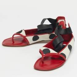 Pre Owned Manolo Blahnik Tricolor Canvas and Leather Ankle Wrap Flat Sandals Size 39