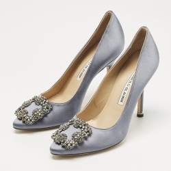Pre Owned Manolo Blahnik Grey Satin Hangisi Pumps Size 35
