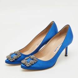 Pre Owned Manolo Blahnik Blue Satin Hangisi Crystal Embellished Pumps Size 37.5