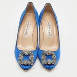 Pre Owned Manolo Blahnik Blue Satin Hangisi Crystal Embellished Pumps Size 37.5