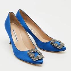 Pre Owned Manolo Blahnik Blue Satin Hangisi Crystal Embellished Pumps Size 37.5