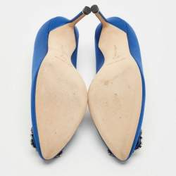 Pre Owned Manolo Blahnik Blue Satin Hangisi Crystal Embellished Pumps Size 37.5