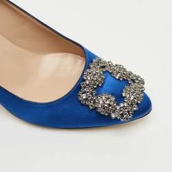 Pre Owned Manolo Blahnik Blue Satin Hangisi Crystal Embellished Pumps Size 37.5