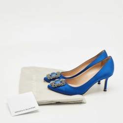 Pre Owned Manolo Blahnik Blue Satin Hangisi Crystal Embellished Pumps Size 37.5