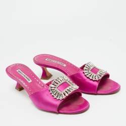 Pre Owned Manolo Blahnik Purple Satin Laalita Slide Sandals Size 38