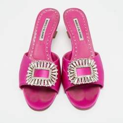 Pre Owned Manolo Blahnik Purple Satin Laalita Slide Sandals Size 38