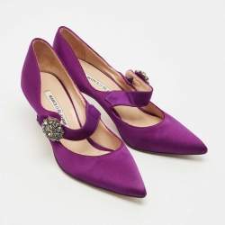 Pre Owned Manolo Blahnik Purple Satin Mary Jane Pumps Size 36