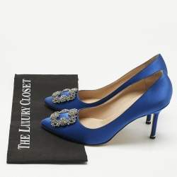 Pre Owned Manolo Blahnik Blue Satin Hangisi Crystal Embellished Pumps Size 39