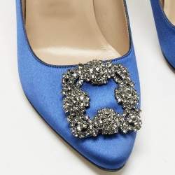 Pre Owned Manolo Blahnik Blue Satin Hangisi Crystal Embellished Pumps Size 39