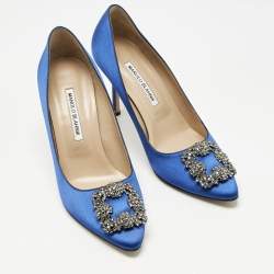 Pre Owned Manolo Blahnik Blue Satin Hangisi Crystal Embellished Pumps Size 39