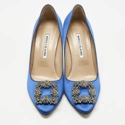 Pre Owned Manolo Blahnik Blue Satin Hangisi Crystal Embellished Pumps Size 39