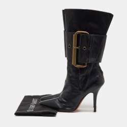 Pre Owned Manolo Blahnik Black Leather Buckle Strap Mid Calf Length Boots Size 38.5