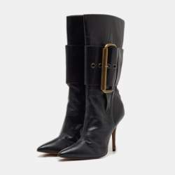 Pre Owned Manolo Blahnik Black Leather Buckle Strap Mid Calf Length Boots Size 38.5
