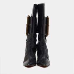 Pre Owned Manolo Blahnik Black Leather Buckle Strap Mid Calf Length Boots Size 38.5