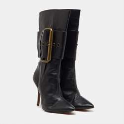 Pre Owned Manolo Blahnik Black Leather Buckle Strap Mid Calf Length Boots Size 38.5