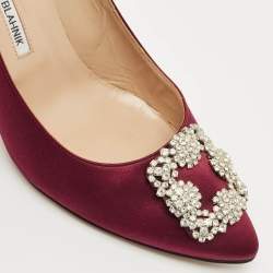 Pre Owned Manolo Blahnik Burgundy Satin Hangisi Embellished Pointed Toe Pumps Size 41