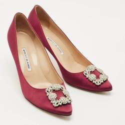 Pre Owned Manolo Blahnik Burgundy Satin Hangisi Embellished Pointed Toe Pumps Size 41