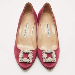 Pre Owned Manolo Blahnik Burgundy Satin Hangisi Embellished Pointed Toe Pumps Size 41