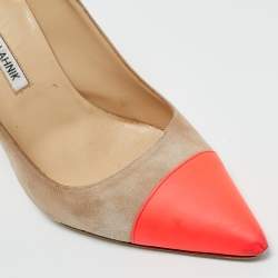 Pre Owned Manolo Blahnik Beige/Neon Pink Leather and Suede Bipunta Pumps Size 38