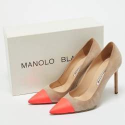 Pre Owned Manolo Blahnik Beige/Neon Pink Leather and Suede Bipunta Pumps Size 38