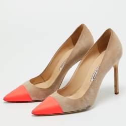 Pre Owned Manolo Blahnik Beige/Neon Pink Leather and Suede Bipunta Pumps Size 38