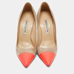 Pre Owned Manolo Blahnik Beige/Neon Pink Leather and Suede Bipunta Pumps Size 38