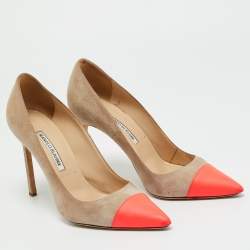 Pre Owned Manolo Blahnik Beige/Neon Pink Leather and Suede Bipunta Pumps Size 38
