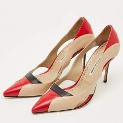 Pre Owned Manolo Blahnik Tricolor Cut Out Leather Vestala  Pointed Toe Pumps Size 42