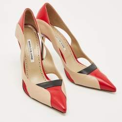 Pre Owned Manolo Blahnik Tricolor Cut Out Leather Vestala  Pointed Toe Pumps Size 42