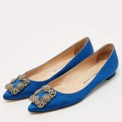 Pre Owned Manolo Blahnik Blue Satin Hangisi Ballet Flats Size 36