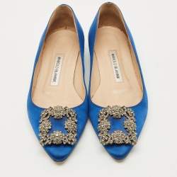 Pre Owned Manolo Blahnik Blue Satin Hangisi Ballet Flats Size 36