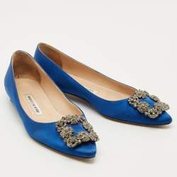 Pre Owned Manolo Blahnik Blue Satin Hangisi Ballet Flats Size 36