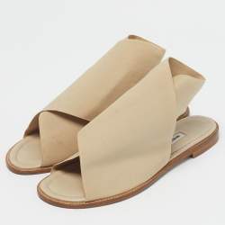 Pre Owned Manolo Blahnik Cream Fabric Flat Slides Size 39