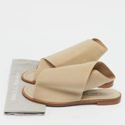 Pre Owned Manolo Blahnik Cream Fabric Flat Slides Size 39